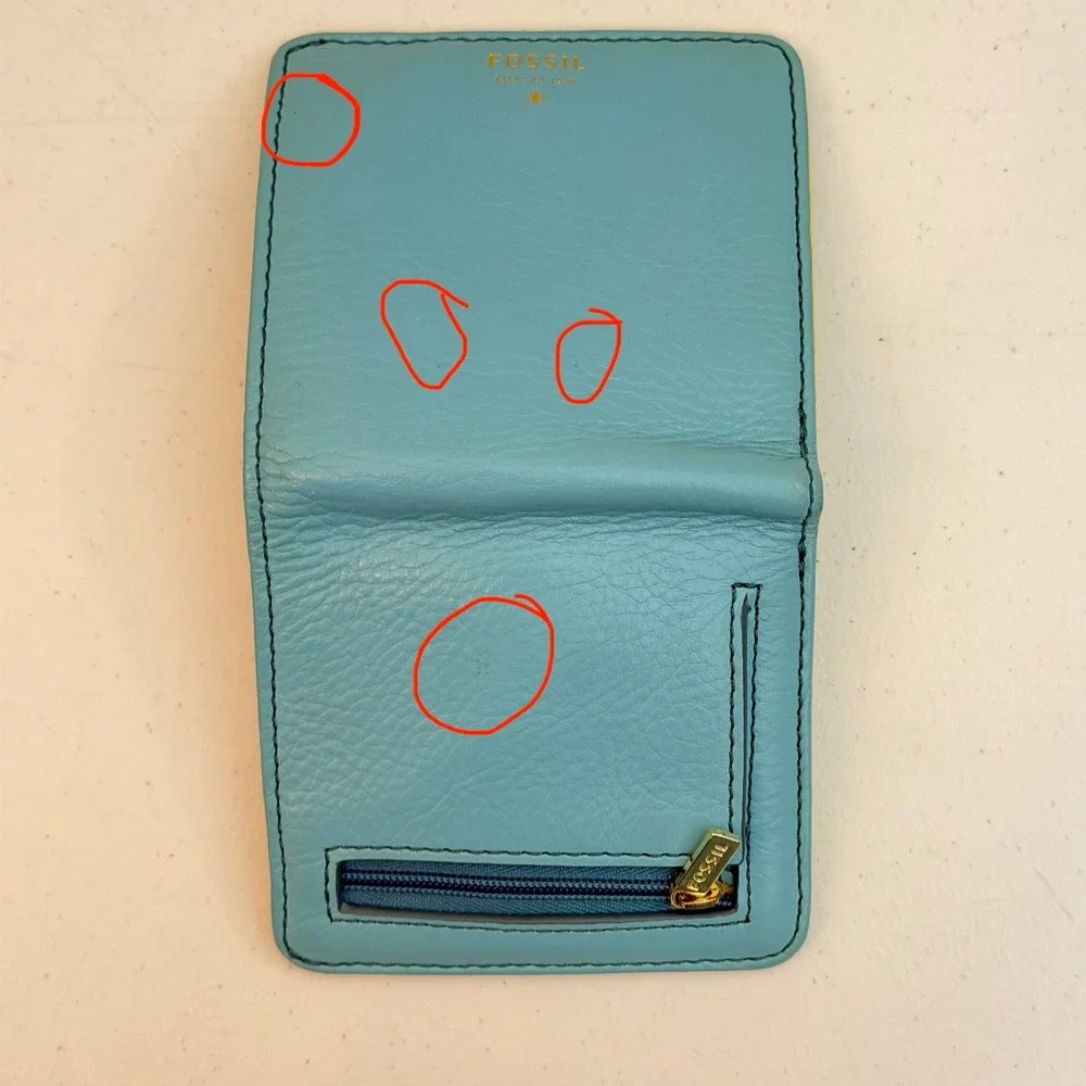 Fossil Blue Leather Bifold Wallet Yellow Interior ID Window Compact Coin Purse